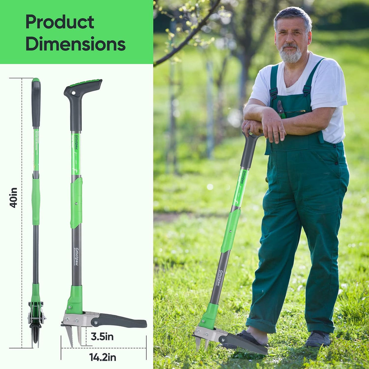 WP5 Heavy Duty Weed Puller Tool, Stand Up Dandelion Weeder with 40" Handle, 3 Claws & Fiberglass Foot Pedal, Weeding Tool Made with Cast-Iron, Easily Remove Weeds Without Bending or Kneeling
