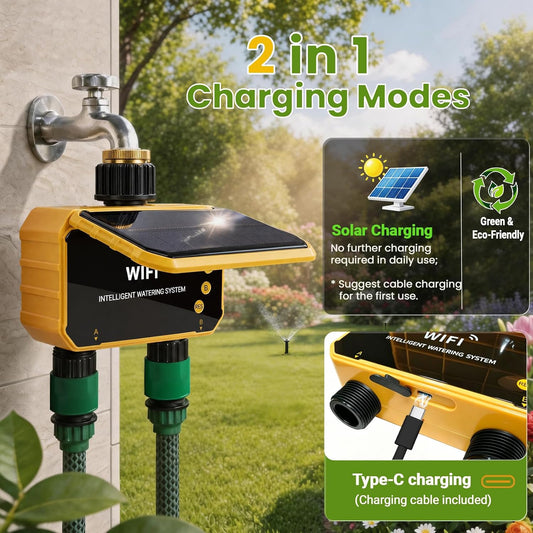 Sprinkler Timer, Solar WiFi Water Timer for Garden Hose, 2 Zone Water Sprinkler with Rain Sensor and Manual Mode via APP/Voice Control, Automatic Irrigation Control System for Lawns, Yard and Pool