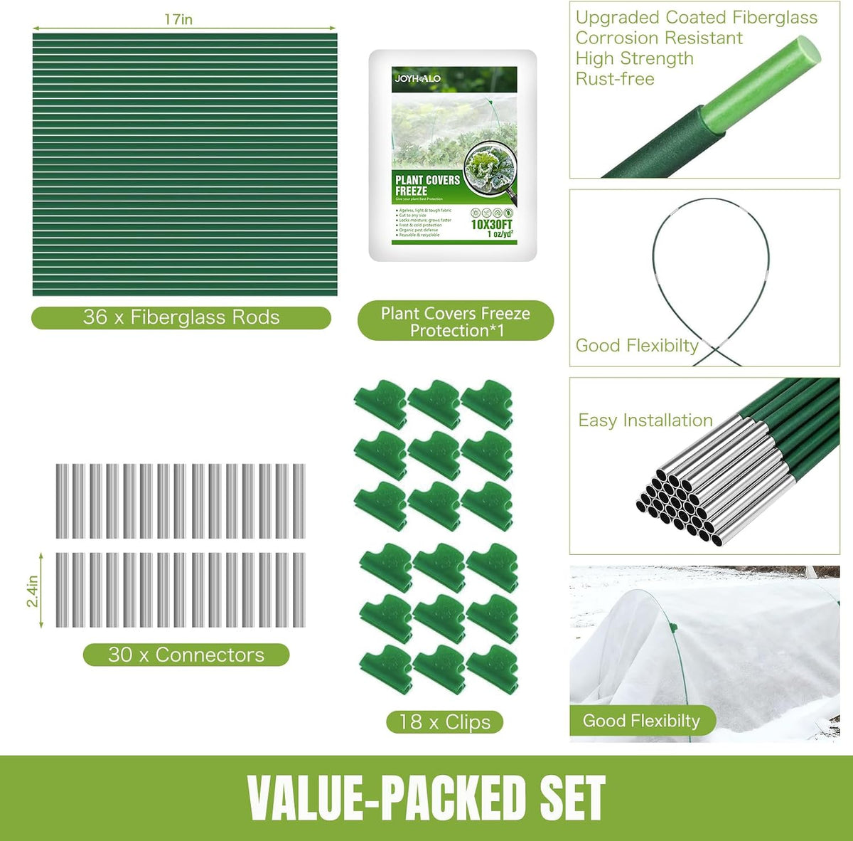 10x30Ft Plant Freeze Protection Cover with 36 Hoops & Clips