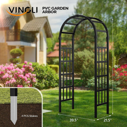 Vinyl Garden Arbor, PVC Wedding Arch for Ceremony Party, Garden Trellis for Climbing Plants Outdoor, Arch Backdrop Stand for Garden, Backyard, Lawn (Black, 39.5in)