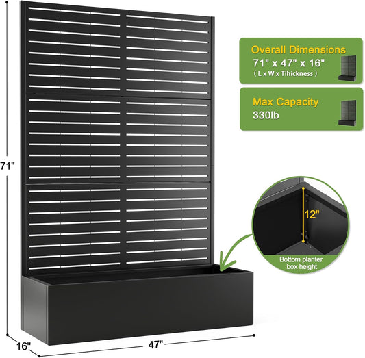 71" H Metal Planter Box with Trellis, Black Louvered