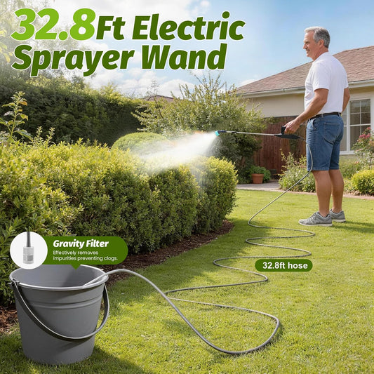 Battery Powered Sprayer Wand with 32.8FT Extended Hose, Electric Garden Sprayer with 3 Speeds & Battery Indicator, 4 Nozzles, 7.4V Portable Weed Sprayer for Lawn Care, Fertilizing, Watering