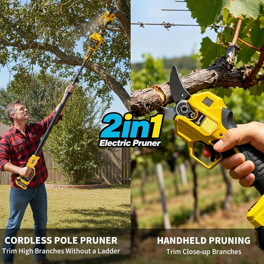 2-IN-1 Electric Pole Pruning Shears, 1.6" Cutting Diameter-Brushless Motor, Cordless Power Pruner with Extension Pole, Total Reach of Max 15.58FT, 2×4.0Ah Battery, SK5 Blade×2, LCD,for Garden Trimming