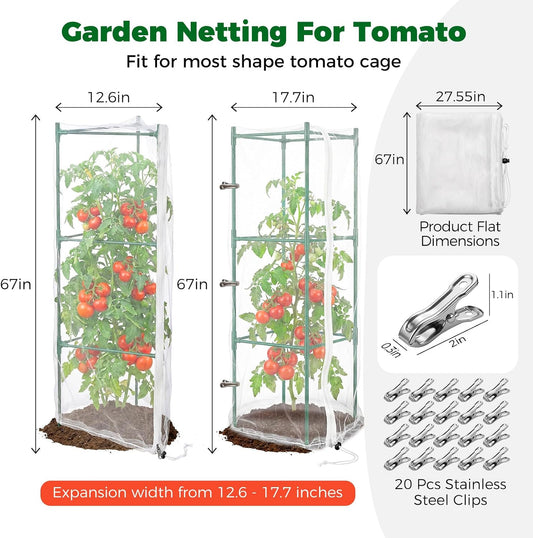 3Pcs Garden Bird Netting Plant Cover for Tomato Cage, 67" x 17.7" Insect Bird Barrier Tomato Cage Net with Zipper, Tomato Trellis Plant Netting Cover for Square Tomatoes Cages Plants Garden Protection