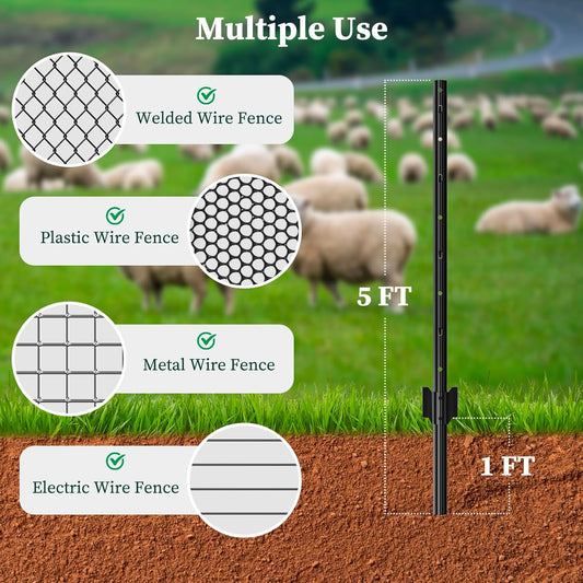 Metal Fence Posts Heavy Duty U-Post Stakes for Wire Fencing, 5 FT Black