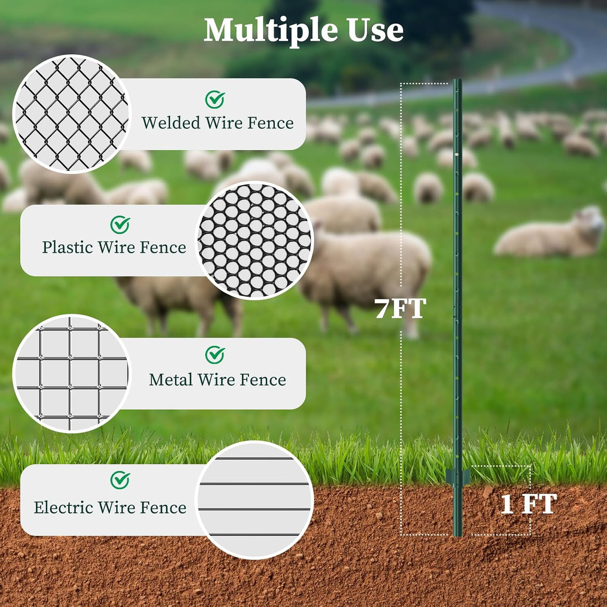 Metal Fence Posts Heavy Duty U-Post Stakes for Wire Fencing, 5 FT Black