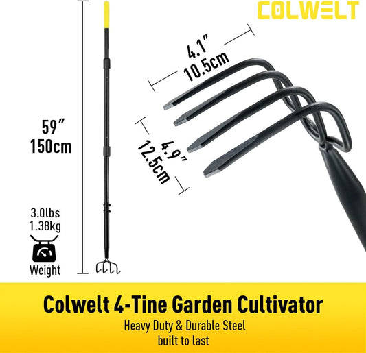 4 Tine Cultivator Rake 59'', 4 Prong Claw Garden Rake Long Handle