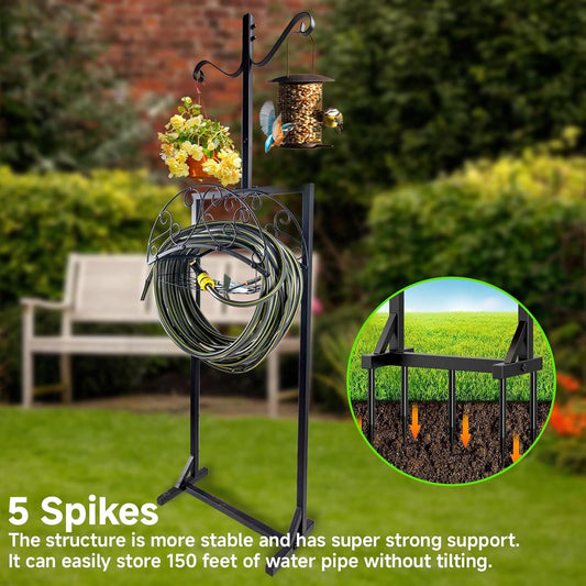 Garden Hose Holder, Upgraded Water Hose Holders with 5 Spikes & 2 Shepherds Hooks, Heavy Duty Metal Hose Stand Sturdy Freestanding Hose Hanger, Detachable Storage Rack, for Outside Yard Lawn
