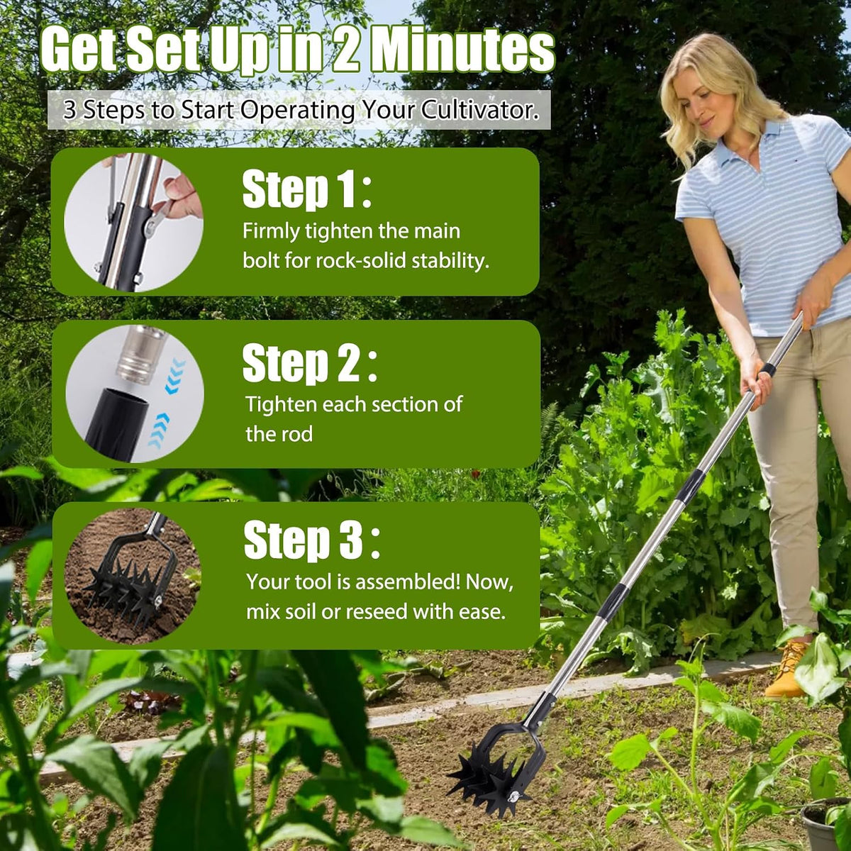 Rotary Cultivator Hand Tiller, 4-in-1 Manual Garden Cultivator with Rake Head, 59" Long Handle Lawn Aerator Tool, Stainless Steel for Aeration, Mixing Soil, Reseeding Grass, Standing Weeder