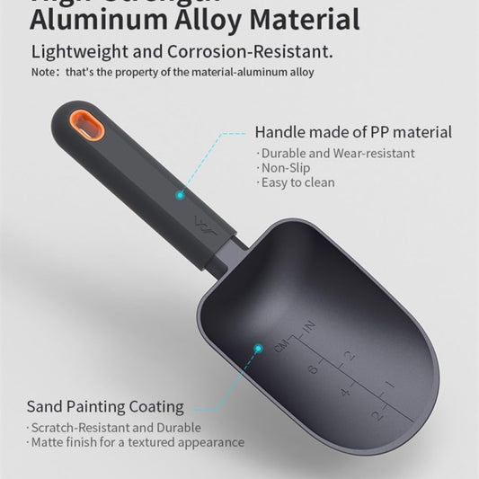 Aluminum Alloy Garden Soil Scoop - Heavy Duty Hand Trowel with Measurement Marks, Rust Resistant Shovel for Potting, Digging, Transplanting, Pet Food & Beach Sand - Minimalist Black