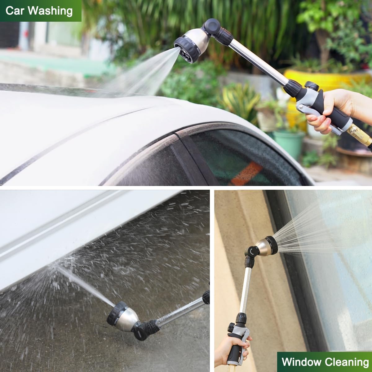 Watering Wand Heavy Duty, 16 Inches Metal Garden Hose Wand with 8 Spray Patterns, Long Hose Nozzle Sprayer with ON/OFF Thumb Control, Perfect for Hanging Baskets, Shrubs, Garden and Lawn