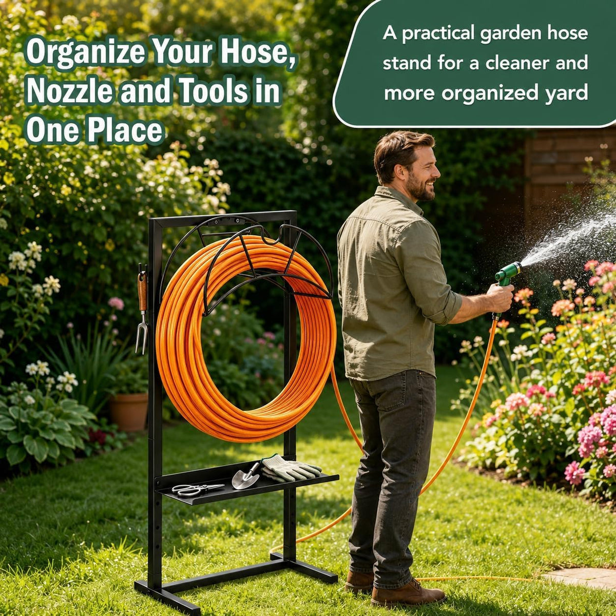 Garden Hose Holder Freestanding Metal Hose Stand 4-Prong Shelf Hooks