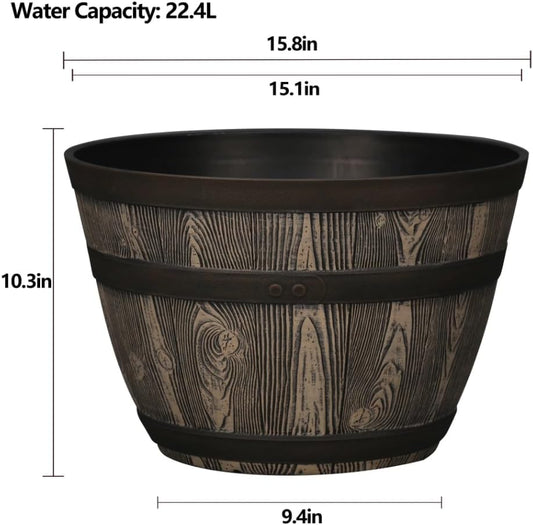 Whiskey Barrel Planter 15.8", Resin with Wood Grain Finish, Brown