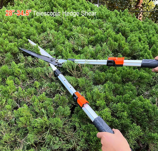 Pro Gear Lever Hedge Shears - 29” - 34” - Telescoping Extendable Handle with High Carbon Steel Teflon Coated Wavy Blade - Ergo Rubber Long Handle - Heavy Duty Gardening Tool