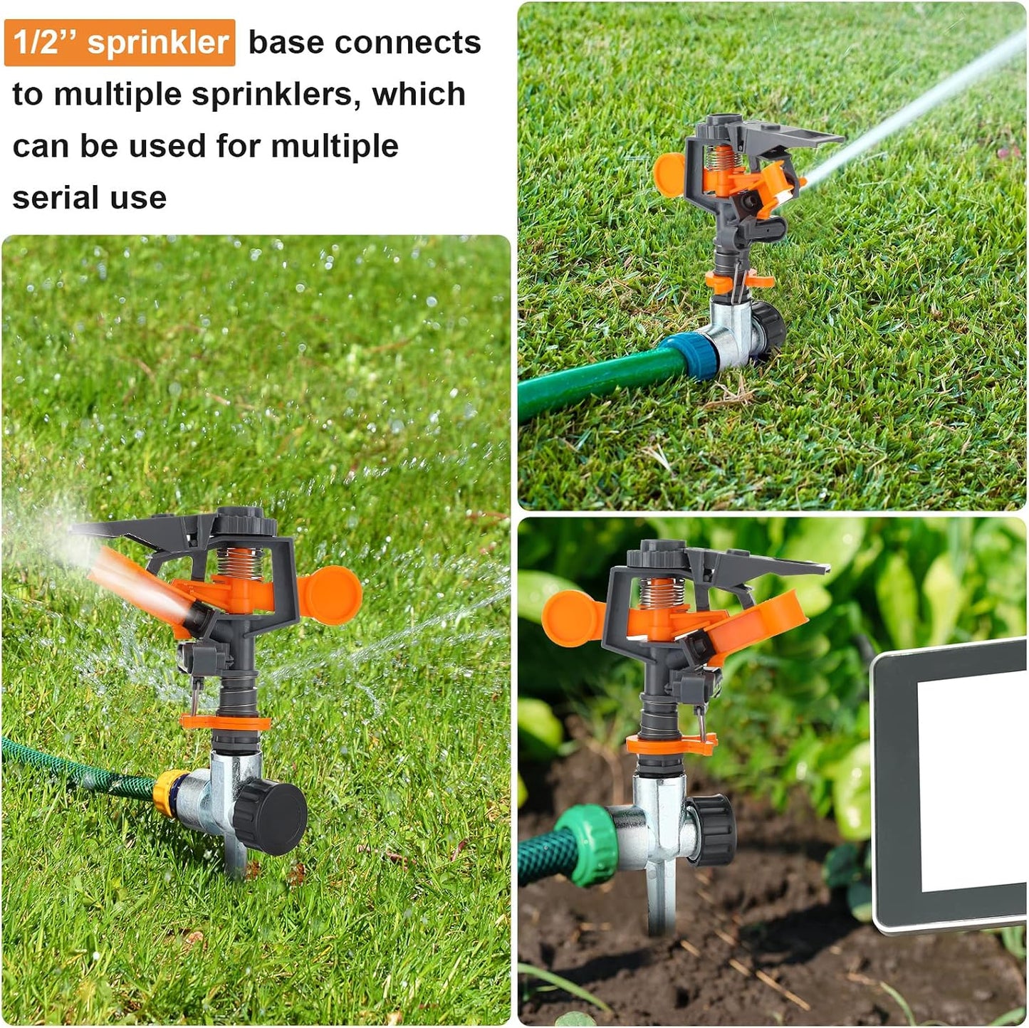 12 Pack Pulsating Sprinklers with Metal Spike, 360° Adjustable Rotating Impact Sprinkler Large Area Coverage Sprinklers for Yard Lawn Garden Above Ground Sprinkler System (Black and Orange)