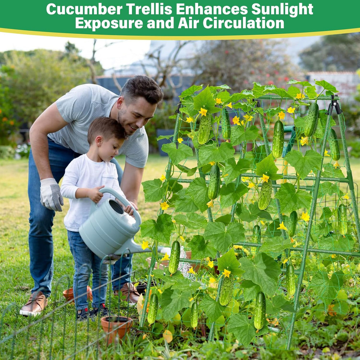 2Pack 51x35Inch Cucumber Trellis for Raised Bed, Adjustable A-Frame Garden Trellis for Climbing Plants Outdoor with Climbing Net, Meal Plant Trellis for Vegetables Pea Bean Tomato Squash Grape
