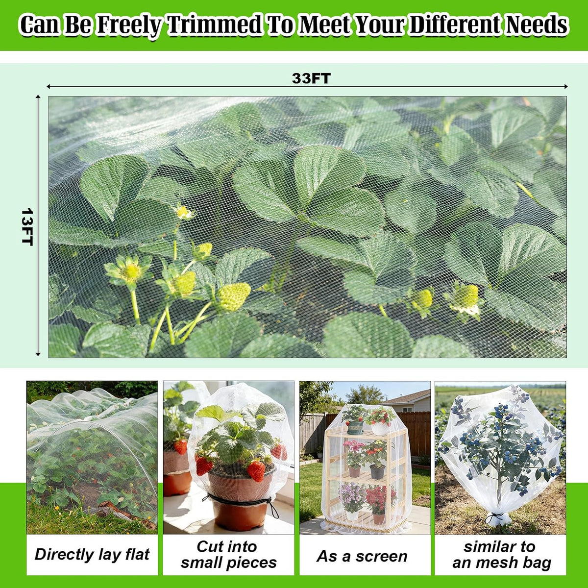 Garden Netting for Strawberry Plants,6.5'x10' HDPE Fine Strawberry Bird Netting for Raised Bed Row Cover Screen Mesh Net,Protecting Plant Mesh Cover for Fruit Tree Vegetable Flowers (6.5'x10')