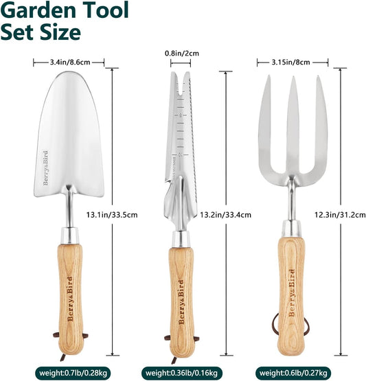 Gardening Hand Tool Set - 3PCS Stainless Steel Garden Tool Kit Multifunctional Tool with Wooden Handle Trowel, Fork & Weeder for Weeding Planting Transplant, Ideal Garden Gift for Women&Men