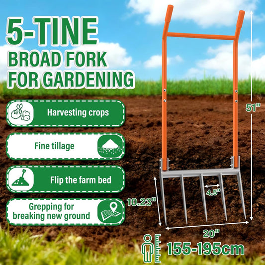Broadfork 5-Tine Broad Fork for Gardening Ergonomic U-Shaped Design