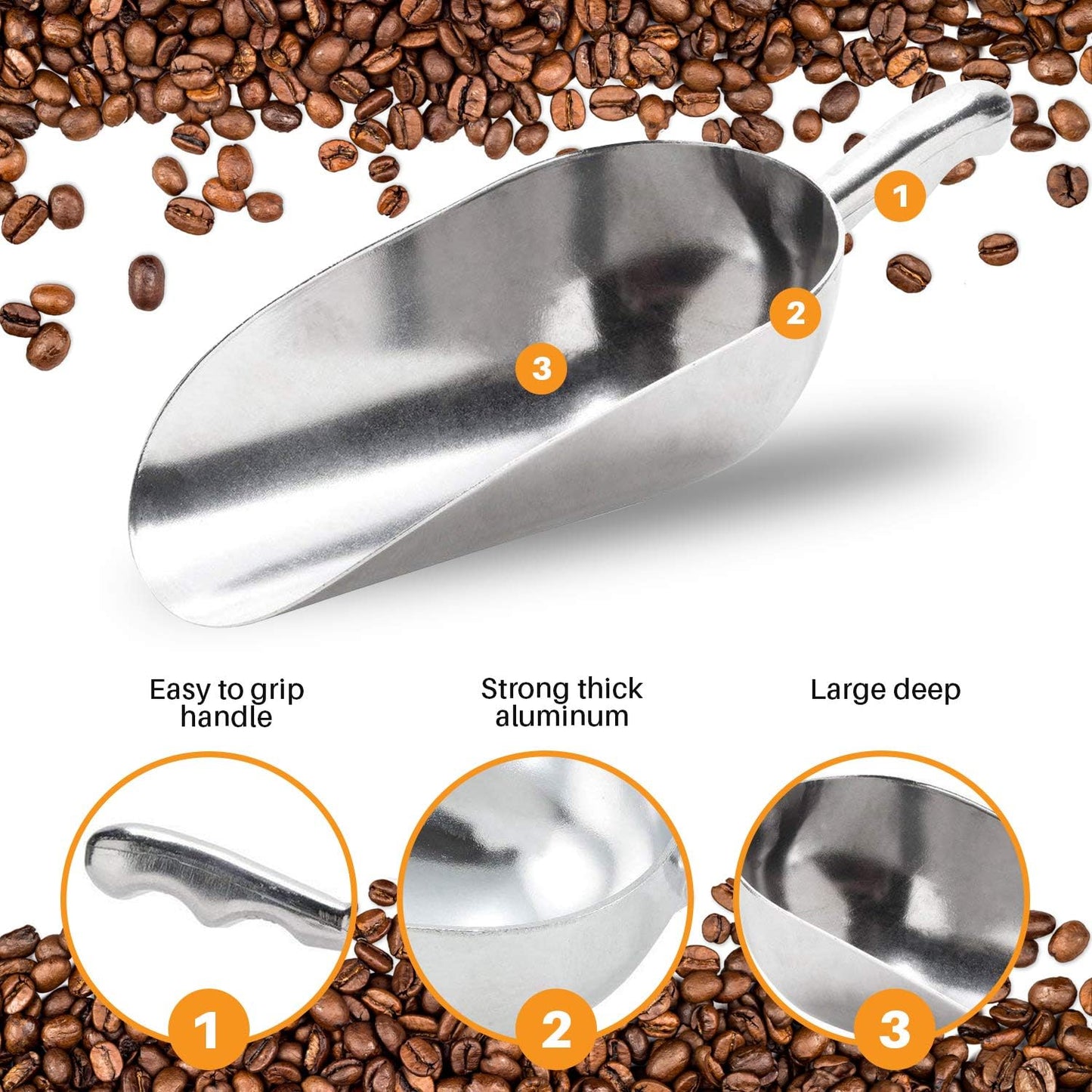 Cast Aluminum Utility Scoop - 12 oz. - Round Bottom, ice scoop For Multi-Purpose Use, With Finger Groove Handle (Hand Wash Only) (12 oz.)