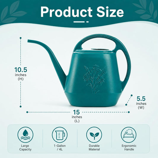 1-Gallon Plastic Watering Can with Comfortable Handle, Garden Watering Cans Long Spout for Indoor Outdoor Watering Plants (Green)