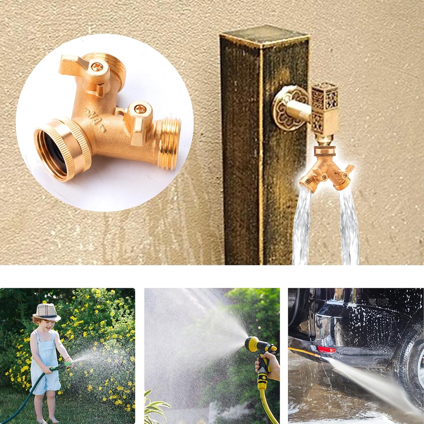 Brass 2 Way Hose Splitter, 3/4" Brass Y Way Garden Hose Connector with 2 Pcs Garden Hose Extension Adapter and 6 Rubber Washers