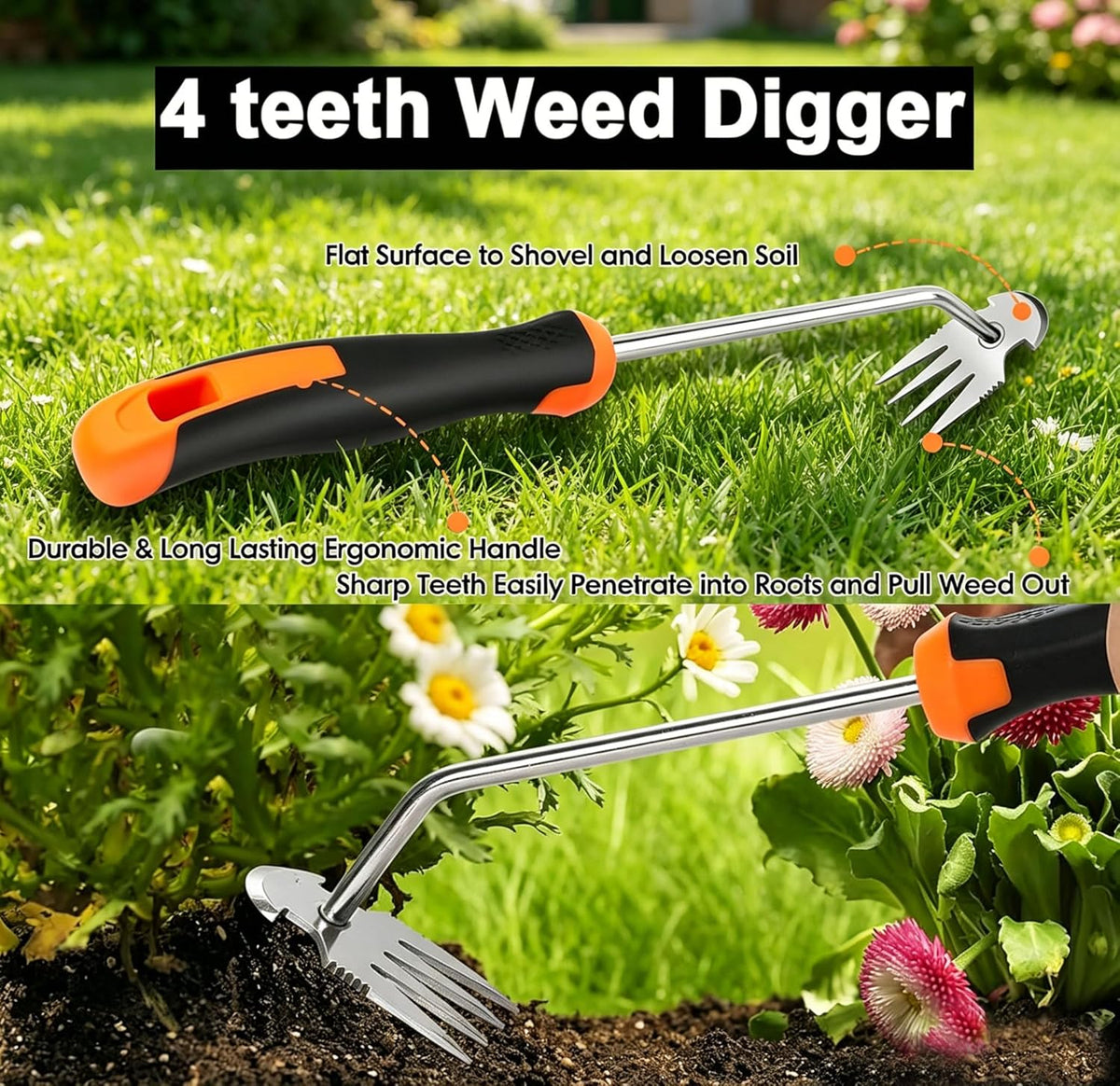 3-Piece Heavy Duty Weeding Tool Set - Stainless Steel Crevice Weeder, Root Remover & Weed Puller with Ergonomic Handles for Patio, Sidewalk and Garden Lawn Weed Removal