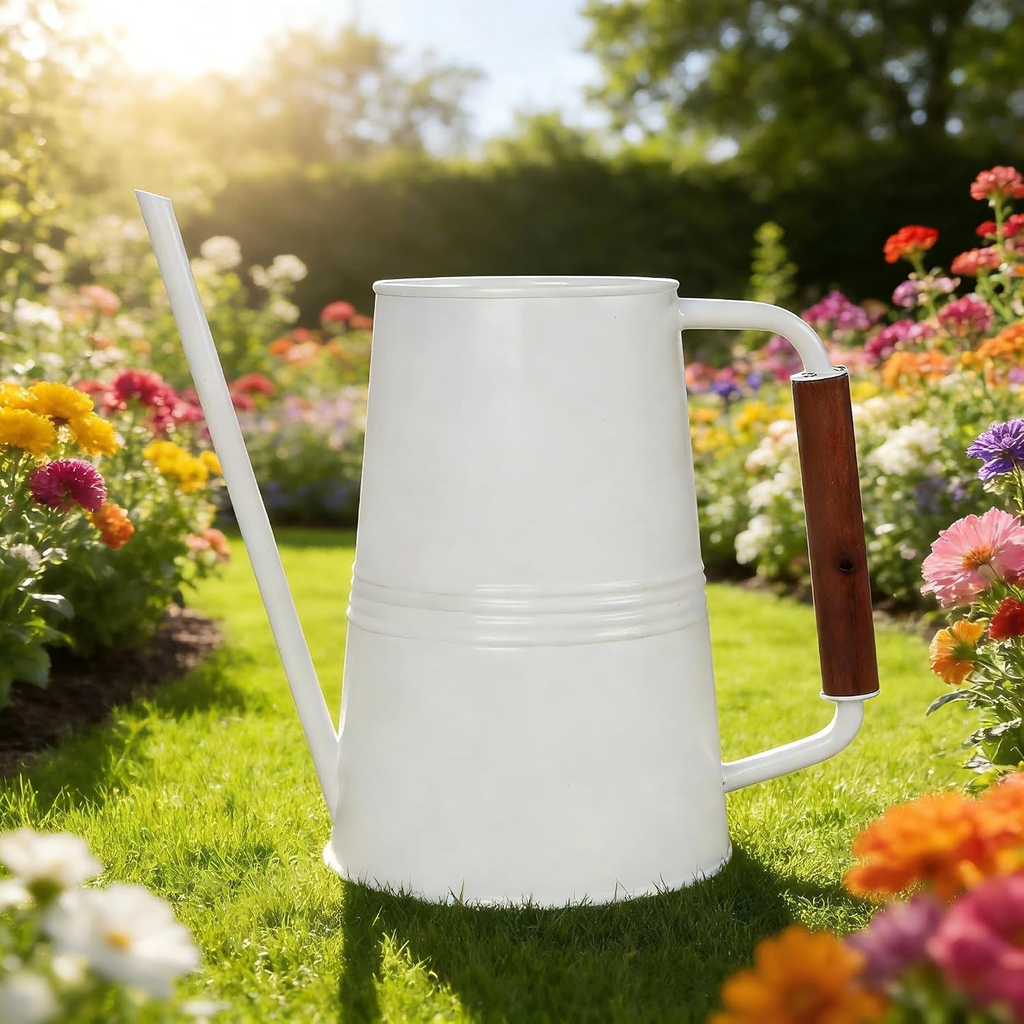 Metal Watering Can with Long Spout & Wooden Grip Handle,1 Gallon,White