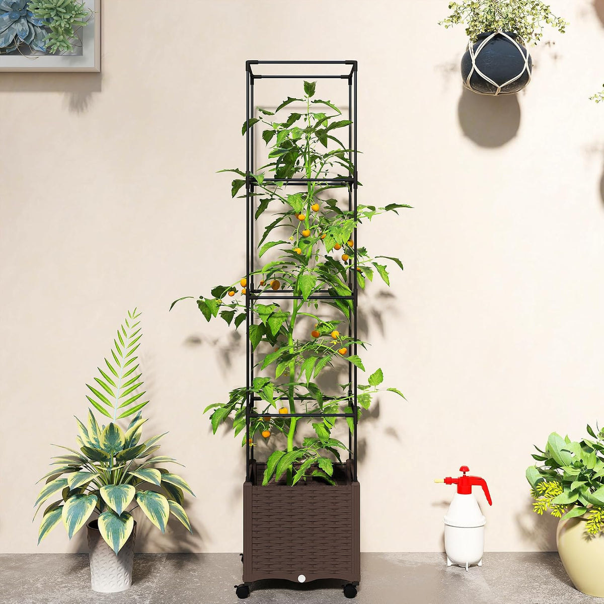 Raised Garden Bed with Trellis, 71.7" Tomato Planter Cage, Gray