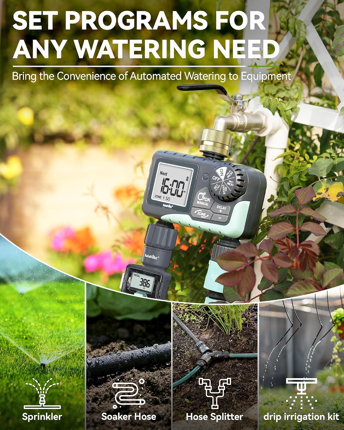 Water Timer for Garden Hose - 2 Zone Sprinkler Timer with Rain Delay/Manual Watering/Automatic Irrigation for Yard Lawn