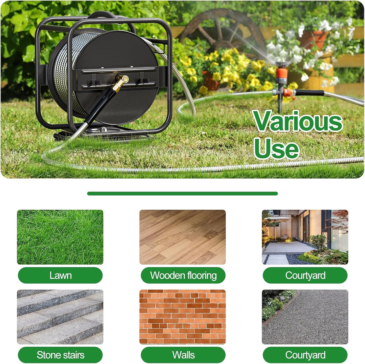 Garden Hose Reel With 100Ft Metal Water Pipe, 360° Rotation Frame