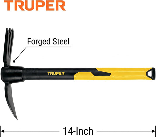 Rapid Tiller, Digger Cultivator, 14-Inch Fiberglass Handle with Comfort Grip, Forged Steel Dual-Head Digging and Aerating Tool (Model RATI-F / 32739)