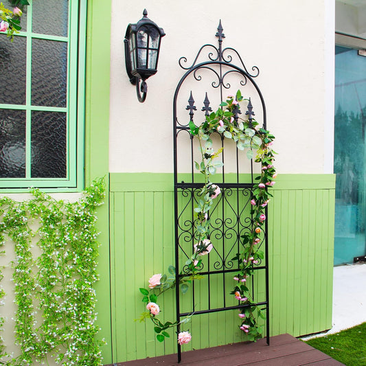 Garden Trellis for Climbing Plants, 70" H x 21.7" W Heavy Duty Metal Trellis, 6FT Rustproof Black Iron Vine Support Trellis with 9.2" Ground Stakes, Decorative Cupid Arrow Design Roses, Vines