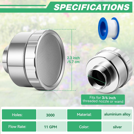 2 Pack Water Nozzle with 3000 Tiny Holes, 3/4'' Aluminium Alloy Garden Hose Shower Head with PTFE Thread Seal Tape for Outdoor Watering Flowers, Plants, Greenhouse, Nurseryman (2.24'',Silver)