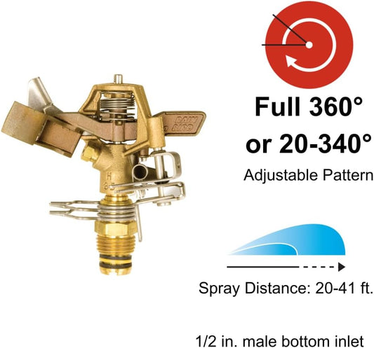 25PJDAC Brass Impact Sprinkler, Adjustable 20° - 360° Pattern, 20' - 41' Spray Distance