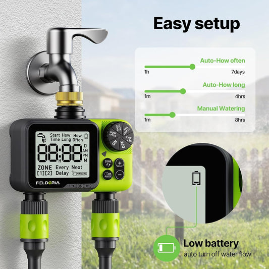 Sprinkler Timer- Hose Timer for Garden Hose, Programmable Watering Timer with Rain Delay, Outdoor Automatic & Manual Drip Irrigation Controller System for Lawn Yard Greenhouse, 2 Outlets