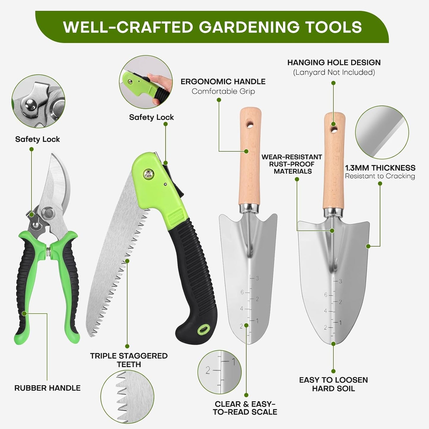 62-Piece Heavy-Duty Garden Tool Set, Complete Garden Tool Kit with Stainless Steel Shovel, Repotting Mat, Pruning Shear&Durable Gardening Tool Bag, Gardening Gift Set—Ideal Gift for Women/Men/Beginner