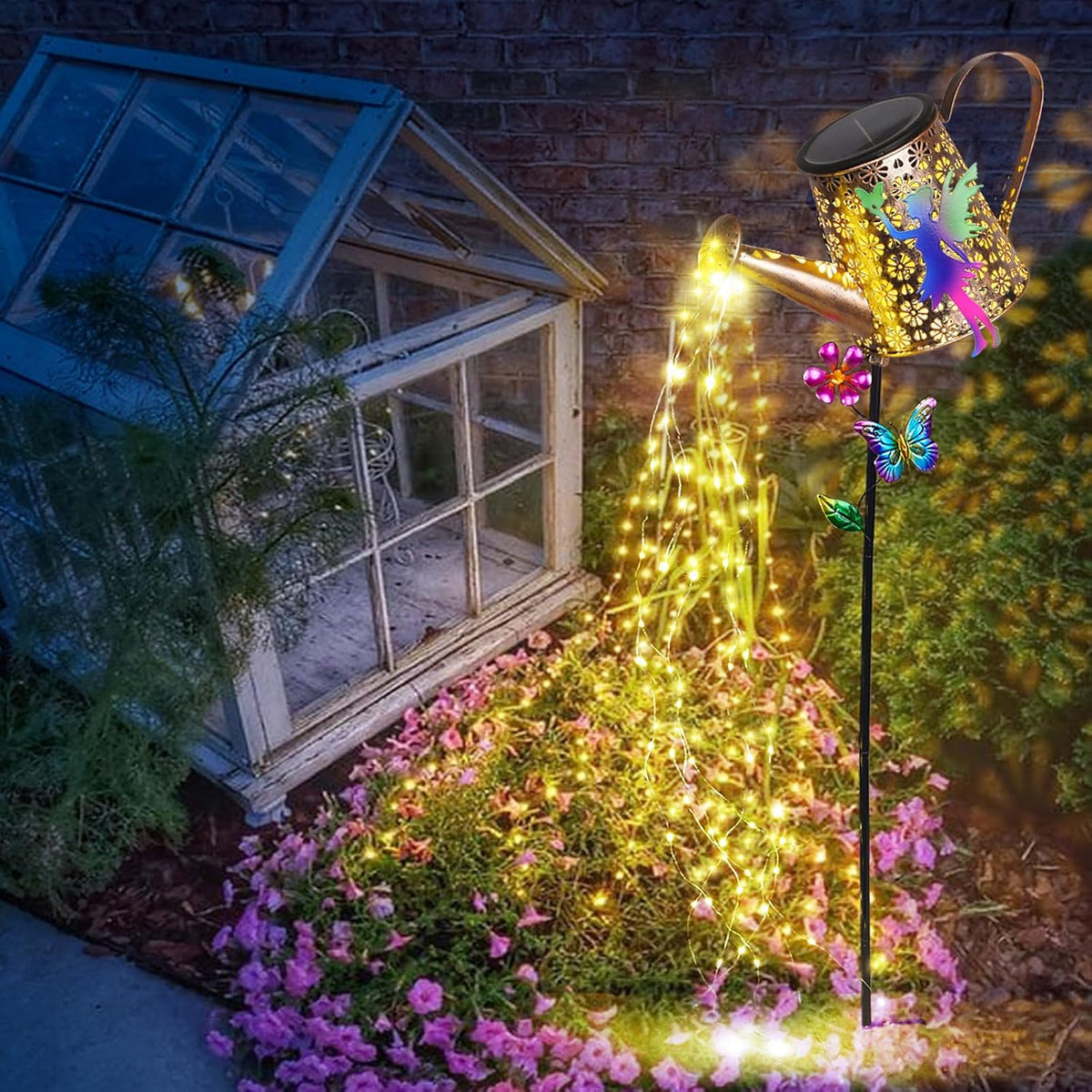 Solar Watering Can with Cascading Lights Outdoor Hummingbird Garden Decor