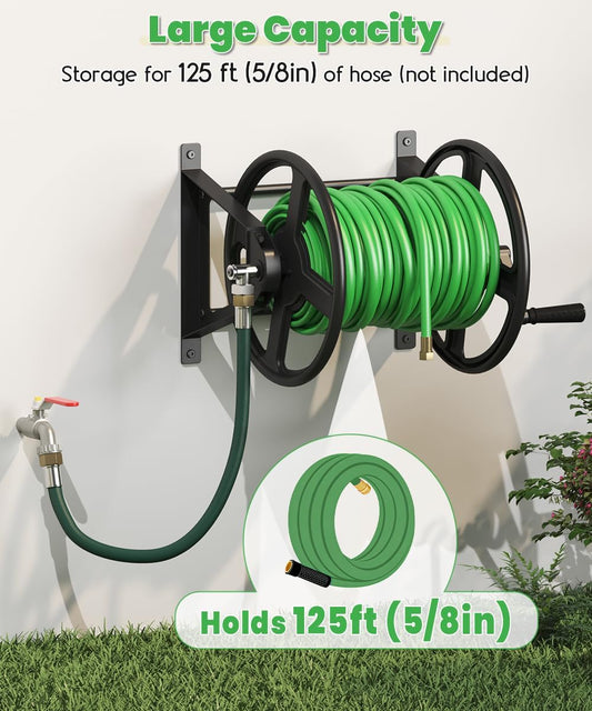Garden Hose Reel Wall Mounted, Heavy-Duty Water Hose Holder Winder with 3.9 ft Leader Hose & Brass Fitting, Hose Hanger Storage Rack Holds 125-Feet of, 5/8-Inch, for Yard Lawn Farm, Black