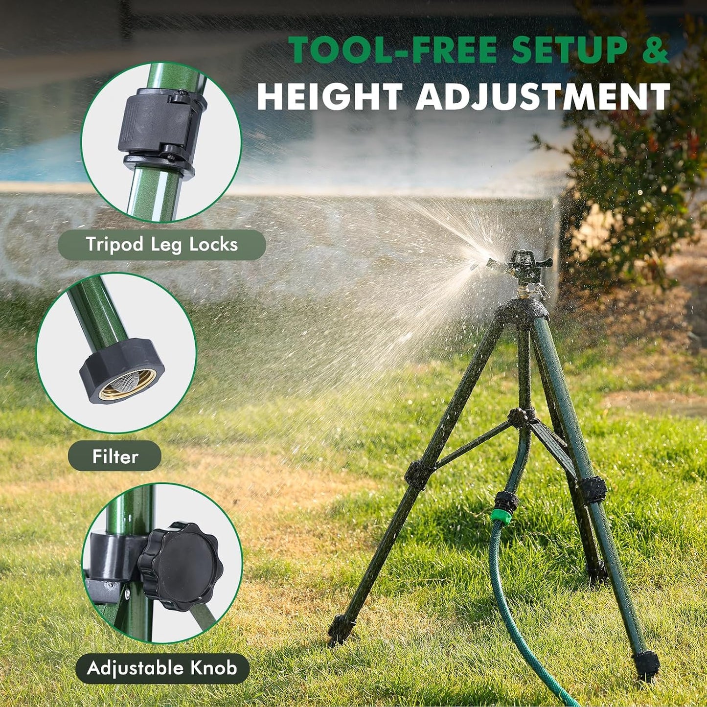 Adjustable Full Metal Tripod Sprinklers for Yard Large Area