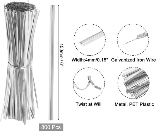 6" Twist Ties, Metallic Twist Ties, Reusable Plastic Coated Twist Ties for Bakery, Candy Bags, Coffee Bags, Goodie Bags, Pack of 800, Silver