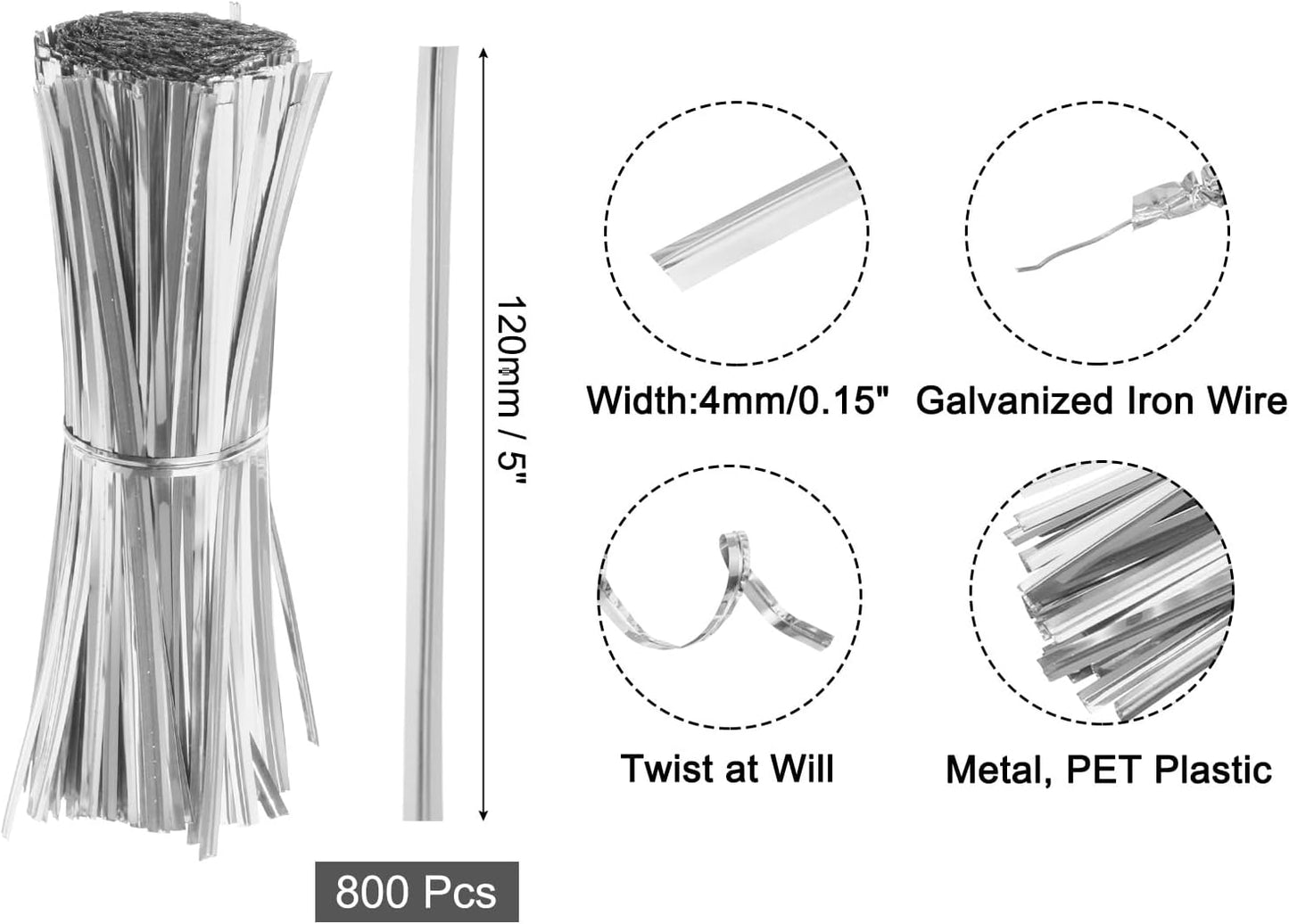 6" Twist Ties, Metallic Twist Ties, Reusable Plastic Coated Twist Ties for Bakery, Candy Bags, Coffee Bags, Goodie Bags, Pack of 800, Silver