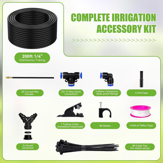 200FT 360° Adjustable Drip Irrigation Kit System for Garden Sprinklers for Yard Garden Watering System with 32 Nozzles Raised Bed Greenhouse Plant Watering Devices Misting System