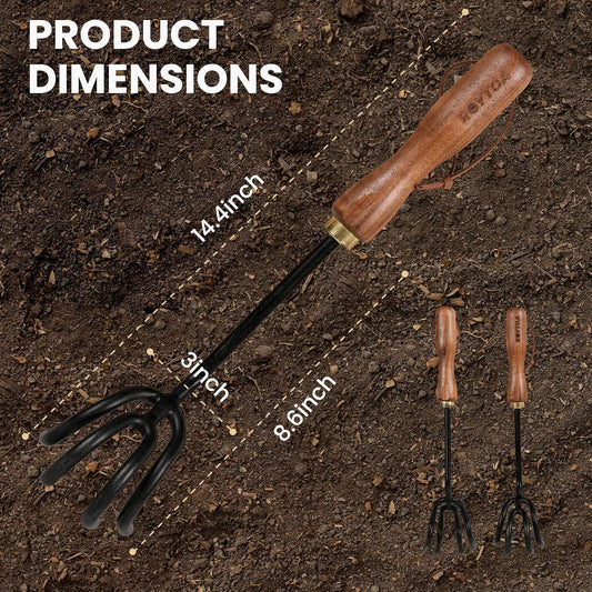 Hand Cultivator Rake, Ergonomic Small Garden Rake with Walnut Handle & 4 Durable Tines, Garden Tools for Weeding, Digging and Cultivating