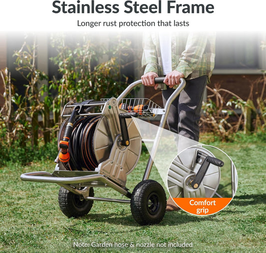 Garden Hose Reel Cart with Wheels, Stainless Steel Heavy Duty Water Hose Reel Cart, 200 ft of 1/2 Capacity, Mobile for Outside