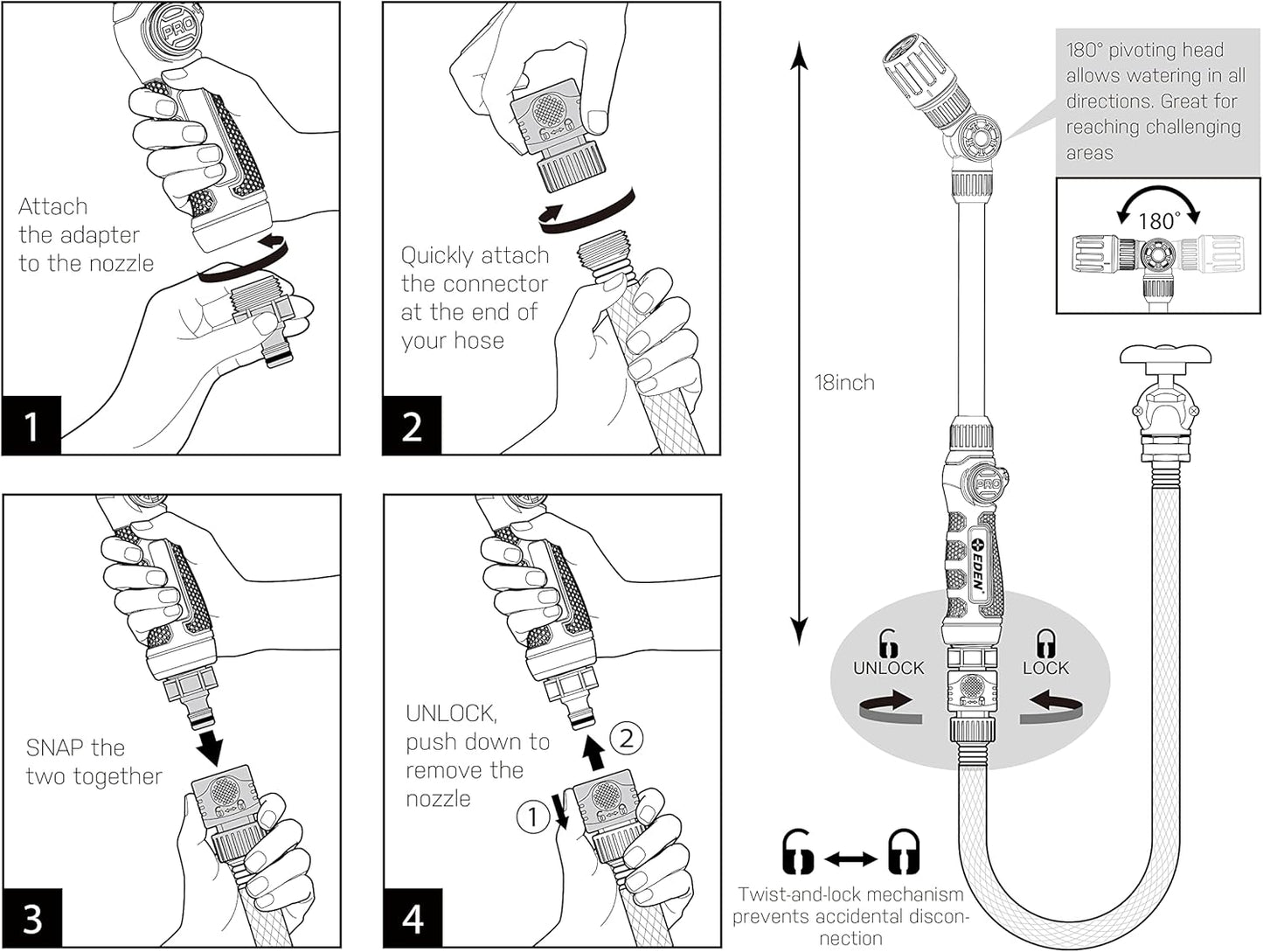 96618 Metal Thumb-Control 7-Pattern 33 in. Watering Wand | Heavy-Duty Water Sprayer for Hanging Plants, Gardens & Lawn Care, Quick Connect Set Bundle