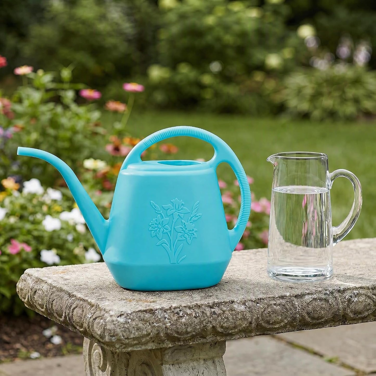 1-Gallon Plastic Watering Can with Comfortable Handle, Garden Watering Cans Long Spout for Indoor Outdoor Watering Plants, Bright Blue