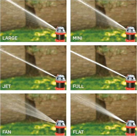 96122 Metal Base 6-Pattern Rotary Gear Drive Sprinkler | Quiet Operation, Adjustable Range, 5°- 360° Coverage, Flow-Through Design for Customized Watering, Quick Connect Starter Set Included