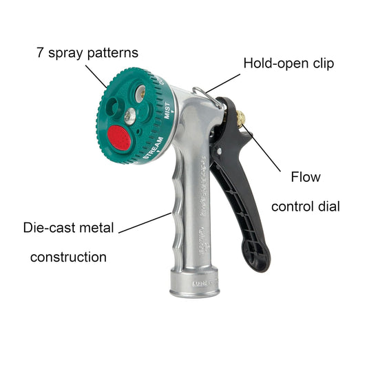 Medium Duty Garden Hose Nozzle with 7 Pre-Set Spray Patterns, Water Hose Nozzle for Watering Garden or Lawn