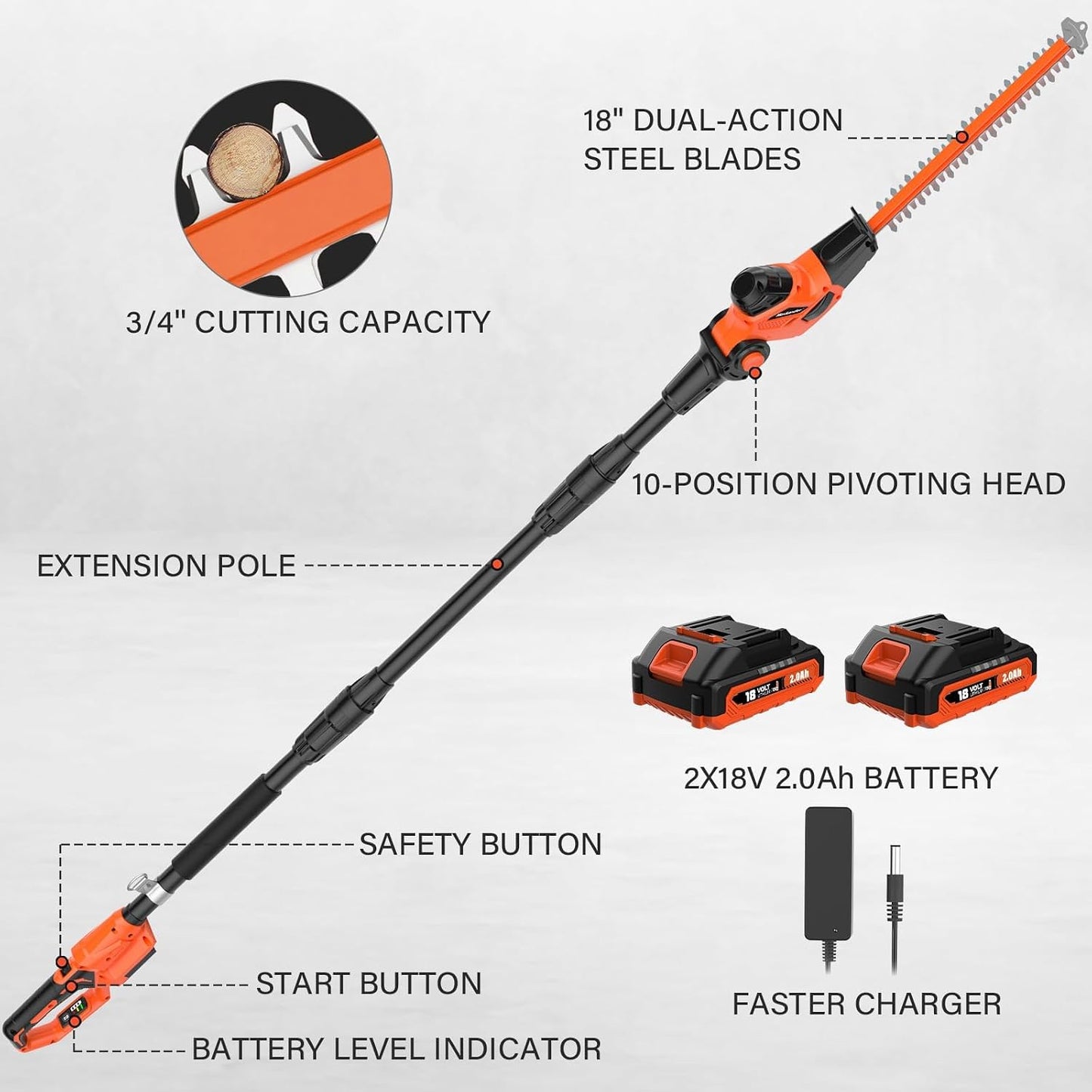 18 Inch 20V Cordless Pole Hedge Trimmer, 2×2.0Ah Battery & Charger